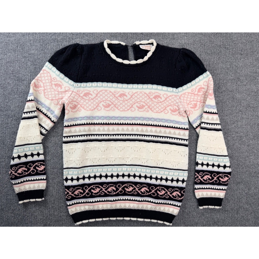 Vintage Beldoch Popper Sweater Womens Small Blue Pink Fair Isle Knit USA Made
